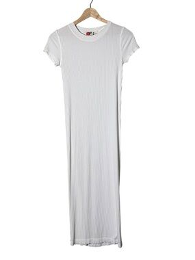FP Beach Classic Ribbed White Midi Dress Crew Neck Short Sleeve